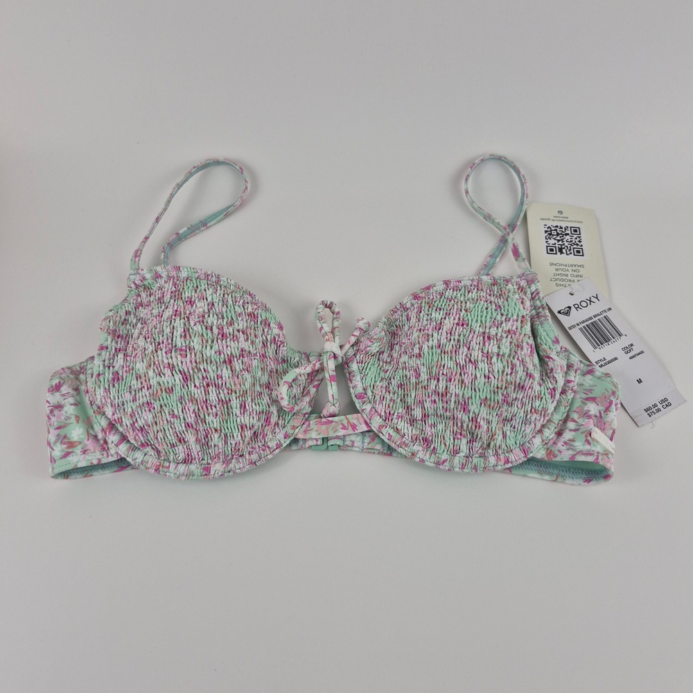 Roxy Ditsy in Paradise Bralette Underwire Bikini Top Mint Pink Floral Smocked M